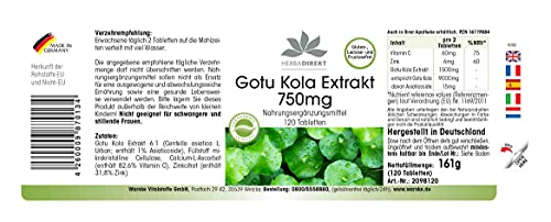 Gotu Kola 750mg – Extracto altamente dosificado – Con zinc y vitamina C – Vegano – 120 comprimidos