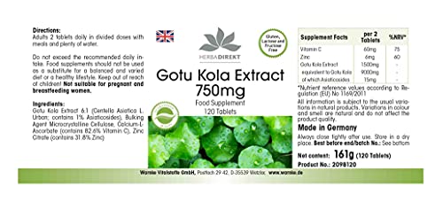 Gotu Kola 750mg – Extracto altamente dosificado – Con zinc y vitamina C – Vegano – 120 comprimidos