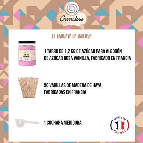 Greendoso-Azúcar para Algodón de Azúcar, Rosa Vainilla de 1,2 Kg, Nubes, Polvo para Máquina + 50 Palitos de 30 Cm (Ofrecido) + 1 Cuchara Graduada…