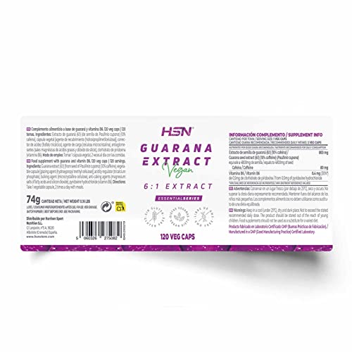 Guaraná de HSN | 120 Cápsulas Vegetales | 4800 mg Extracto Semillas de Guaraná por Dosis Diaria | 6x Veces Más Concentrado de Paullinia cupana | No-GMO, Vegano, Sin Gluten