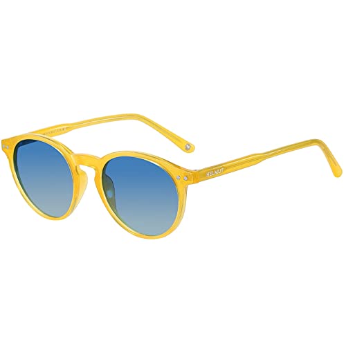 H HELMUT JUST Gafas de Sol para Hombre Mujer Redondas Vintage Polarizadas Amarillo Lente Azul TR90 y Acetato