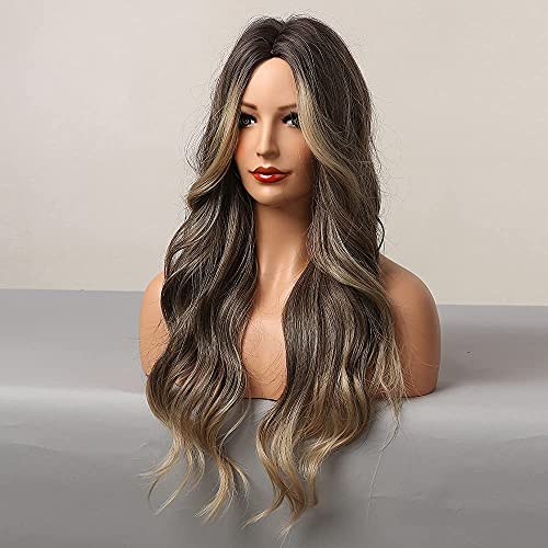 HAIRCUBE Pelucas largas marrones para mujer, pelo sintético con reflejos, peluca ondulada para cosplay, fiesta de 28 "