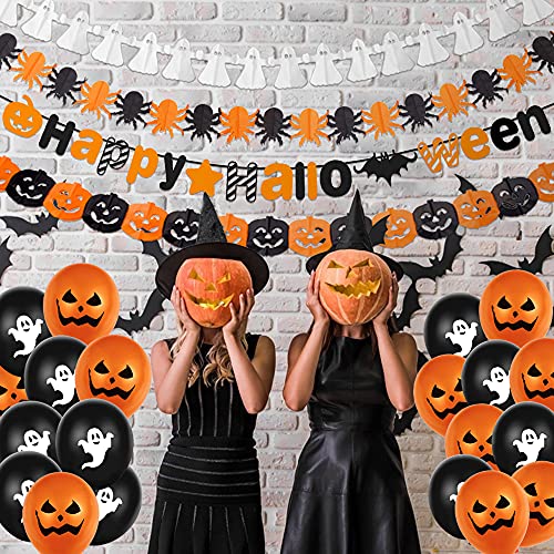 Halloween Globos Decoración Set, Halloween Feliz Banner,Diseño de Telaraña con Araña,10 Globo Fantasma,10 Globos de Calabaza Accesorios Fotográficos Miedo Halloween para Halloween Fiestas