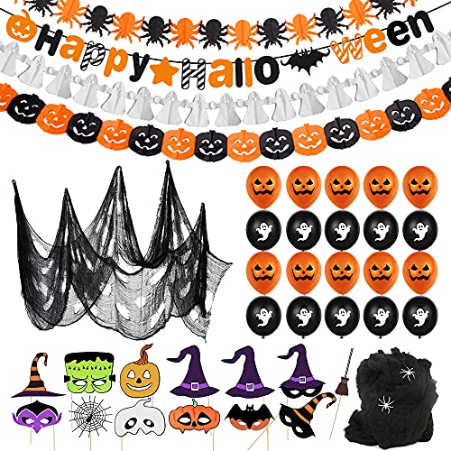 Halloween Globos Decoración Set, Halloween Feliz Banner,Diseño de Telaraña con Araña,10 Globo Fantasma,10 Globos de Calabaza Accesorios Fotográficos Miedo Halloween para Halloween Fiestas