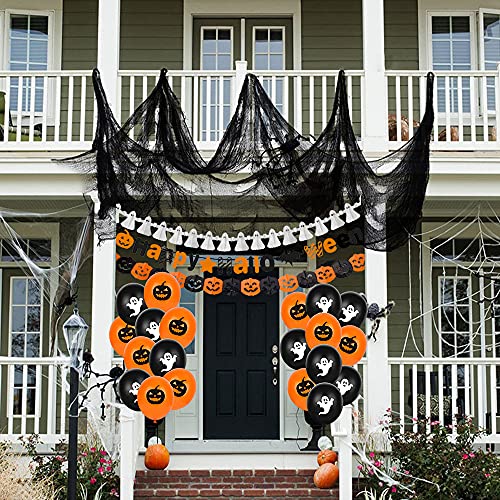 Halloween Globos Decoración Set, Halloween Feliz Banner,Diseño de Telaraña con Araña,10 Globo Fantasma,10 Globos de Calabaza Accesorios Fotográficos Miedo Halloween para Halloween Fiestas