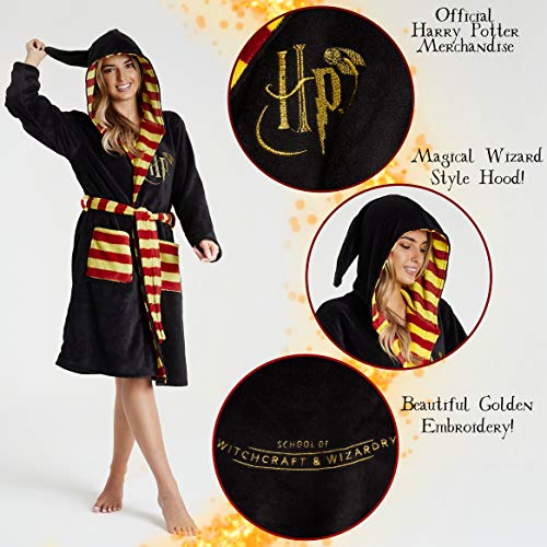 HARRY POTTER Albornoz Hombre Mujer, Bata Hombre Invierno de Forro Polar, Batas de Casa con Capucha, Merchandising Oficial Regalos para Hombre Mujer Talla S-XL (Negro, L)