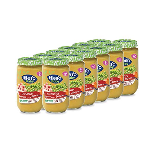 Hero Baby Tarritos de Guisantes Tiernos con Jamón - Para Bebés a Partir de los 6 Meses - Pack de 12 x 235 g