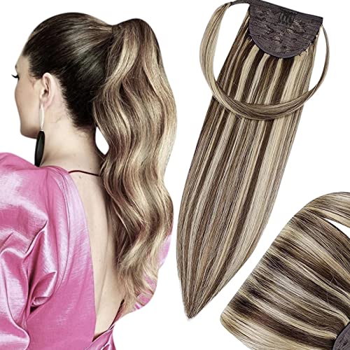 Hetto Extensiones Cola De Cabello Marrón Ponytail Clip en Extensiones Pelo Natural Cola De Cabello Marrón Oscuro con Rubio Caramelo 14Pulgada 70g