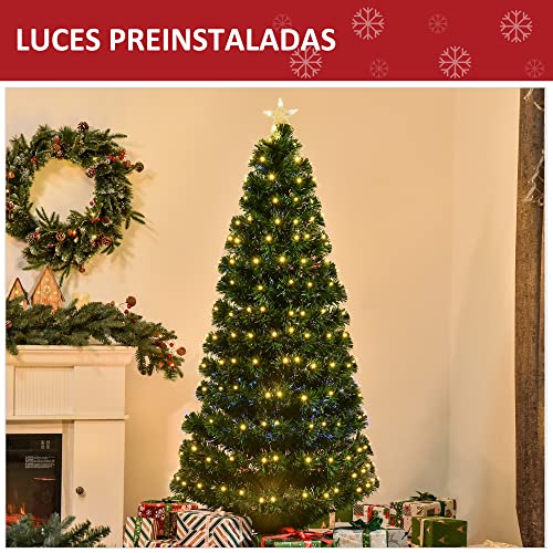 HOMCOM Árbol de Navidad 180cm Artificial Árbol con Soporte Metálico Luces LED Multicolores Verde Natural Material PVC