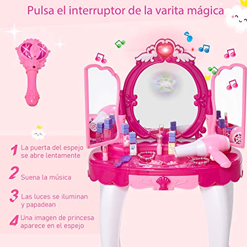 HOMCOM Tocador de Juguete Infantil Accesorios de Maquillaje con Espejo de +3 Años Efectos de Luz Música Puerto de MP3 Control Remoto 45x30,5x72 cm Rosa