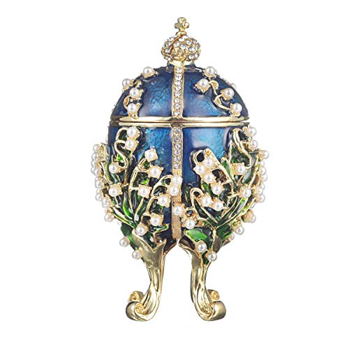 huevo ruso de Estilo Faberge / caja de joya Lirios del valle con corona del Emperador de Rusia y flores 8,5 cm azul