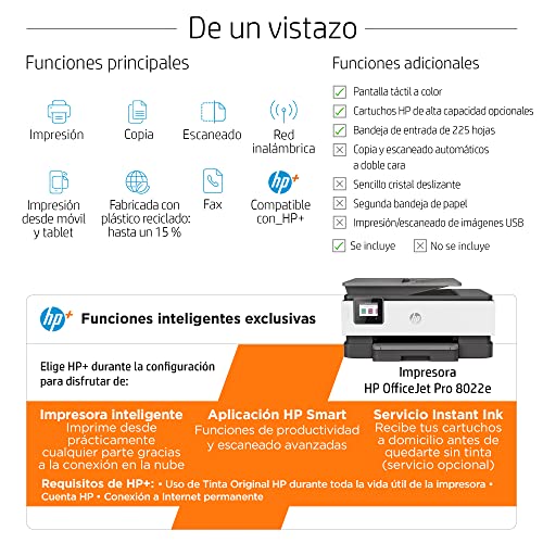 Impresora Multifunción HP OfficeJet Pro 8022e - 6 meses de impresión Instant Ink con HP+