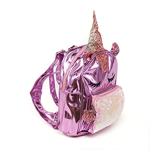 Inca. Mochila escolar niña. Mochila viaje. Mochila Unicornio niña. Color Rosa iriscente con cuerno, orejas y pelo con brillantina. Bosillo pequeño de lentejuelas