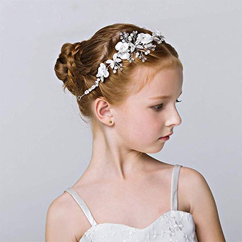 IYOU Princesa Blanco Flor Fuente Perla Vestido de Pelo Cristal Nupcial Boda Cabello Accesorios por Chicas Sagrada comunión