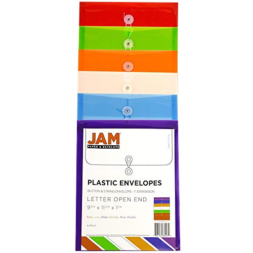 JAM PAPER Sobres de Documentos de Plástico con Cierre de Botón y Cordón - Extremo Abierto - 247,6 x 298,4 mm - Surtido de Colores - Paquete de 6