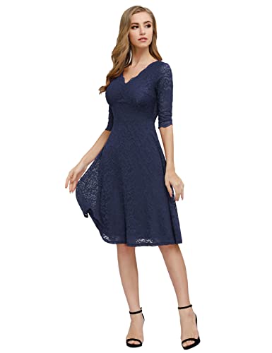 JASAMBAC Vestido de cóctel para mujer, estilo vintage, para invitados de boda, vestido midi de encaje, Azul marino, Large