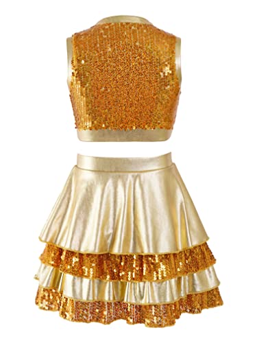 JEATHA Traje de Baile para Niñas Conjunto de Lentejuelas Brillantes Tanks Top con Cremallera y Falda Corto de Tutu Ropa de Baile Jazz Disfraz de Bailarina Actuación 4-14 Años Dorado 4 años