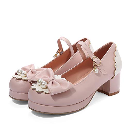 JOEupin Mujer Kawaii Lolita Zapatos de tacón medio bloque Mary Jane Rockabilly Zapatos de tacón con lazo, rosa (Rosa/Rebel Fun.), 37 EU