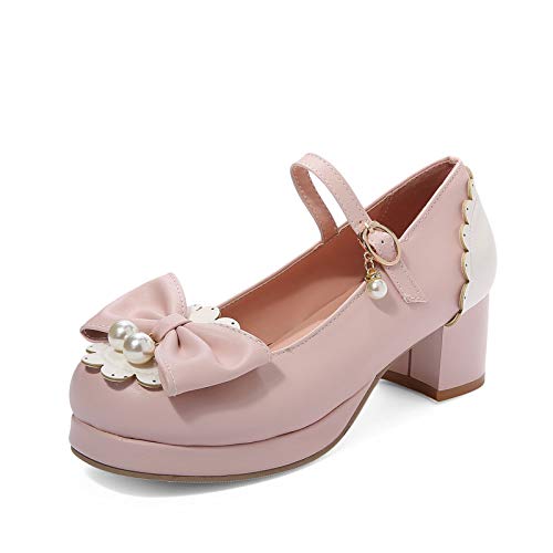 JOEupin Mujer Kawaii Lolita Zapatos de tacón medio bloque Mary Jane Rockabilly Zapatos de tacón con lazo, rosa (Rosa/Rebel Fun.), 37 EU