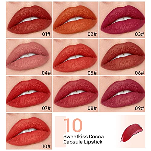 Juego de lápiz labial de 10 piezas con diseño de mini cápsula de chocolate, brillo de labios con textura de mousse, lápiz labial mate hidratante y sedoso