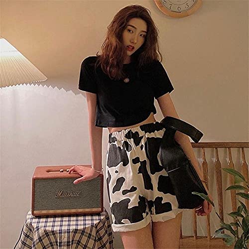 KAL'ANWEI Harajuku Estilo Coreano Streetwear Cow Print Sport Sport Shorts Joggers Mujeres Sweetpants Straight Elastic High Cintura Alta Pierna Pantalones Cortos-Blanco_con