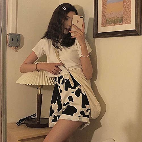 KAL'ANWEI Harajuku Estilo Coreano Streetwear Cow Print Sport Sport Shorts Joggers Mujeres Sweetpants Straight Elastic High Cintura Alta Pierna Pantalones Cortos-Blanco_con