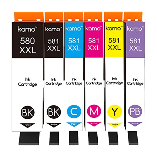 Kamo 580 581 Compatible con el Canon CLI-581 PGI-580 XXL Cartuchos de Tinta Multipack (Negro Cian Magenta Amarillo Foto Azul, 6-Pack), para Pixma TS8150 TS8151 TS8152 TS8250 TS8251 TS8252 TS9150