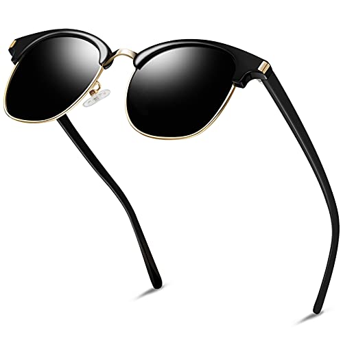 KANASTAL Gafas de Sol Polarizadas Hombre y Mujer Medio Marco de Metal Clásicas Vintage Elegant Moda Para Viaje Playa Golf Pescar al Aire Libre Viajes (Negras Oro)