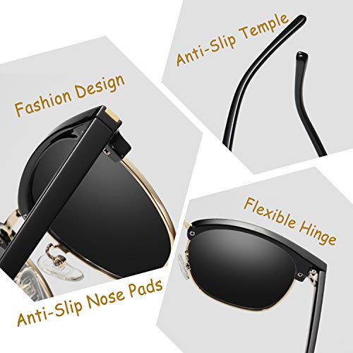 KANASTAL Gafas de Sol Polarizadas Hombre y Mujer Medio Marco de Metal Clásicas Vintage Elegant Moda Para Viaje Playa Golf Pescar al Aire Libre Viajes (Negras Oro)