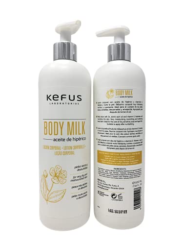 Kefus - Locion Corporal Aceite Hiperico, 500 ml | Body Milk con Vitamina E para Pieles Sensibles, Secas y Desnutridas | Balsamo Corporal para Aplicar Despues de Tomar el Sol