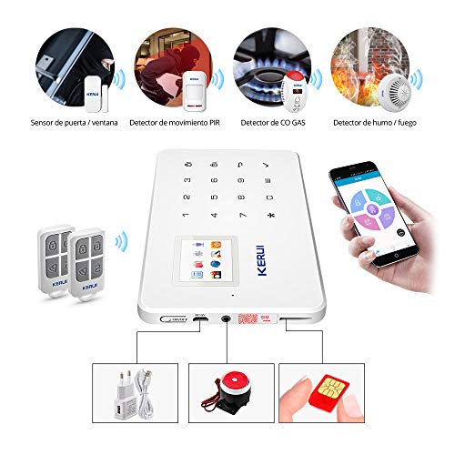 KERUI G18 Sistema Alarma gsm(NO WiFi) Inalámbrico Control Remoto por Call/SMS/App - Kit Alarma Antirrobo Casa DIY con Sensor Puerta/Detector Movimiento PIR/Mando a Distancia para Hogar/Tienda/Garaje