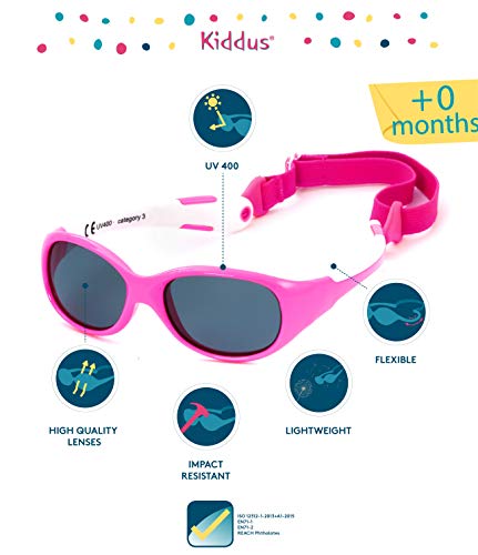 Kiddus Gafas de Sol de UNA SOLA PIEZA para Bebés a partir de 0 Meses. Prácticamente IRROMPIBLES. 100% Protección UV400. Muy FLEXIBLES. Sin BPA. Con Banda Ajustable y Extraíble. ALLROAD (57 Rosa neon)