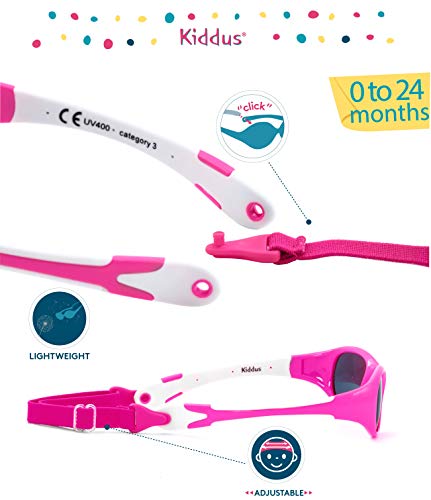 Kiddus Gafas de Sol de UNA SOLA PIEZA para Bebés a partir de 0 Meses. Prácticamente IRROMPIBLES. 100% Protección UV400. Muy FLEXIBLES. Sin BPA. Con Banda Ajustable y Extraíble. ALLROAD (57 Rosa neon)