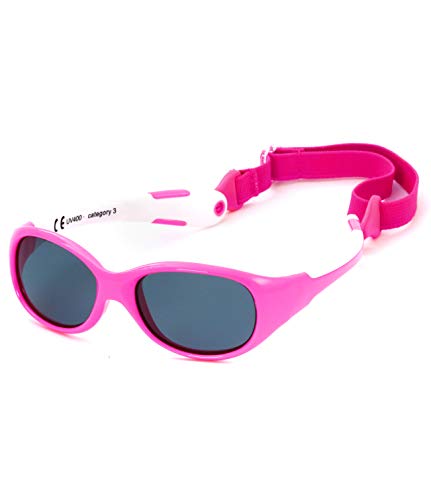 Kiddus Gafas de Sol de UNA SOLA PIEZA para Bebés a partir de 0 Meses. Prácticamente IRROMPIBLES. 100% Protección UV400. Muy FLEXIBLES. Sin BPA. Con Banda Ajustable y Extraíble. ALLROAD (57 Rosa neon)