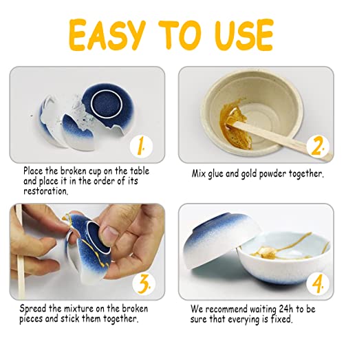 Kintsugi - Kit de reparación para reparar tu cerámica con pegamento en polvo dorado, kit de reparación de cerámica Kintsugi, perfecto para principiantes, con una taza de práctica