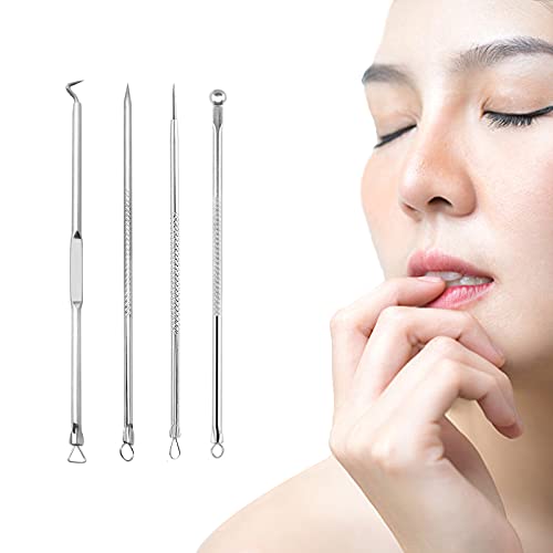 Kit de herramientas para eliminar puntos negros, 4 piezas de acero inoxidable, herramienta extractora de espinillas de espinillas, kit de eliminación de puntos negros para cuidado facial con funda