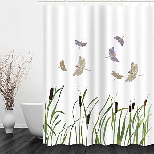 KnBoB Shower Curtain - Cortina de ducha antimohecer, tejido impermeable, pequeño libellule Herbe blanco y gris (120 x 180 cm)