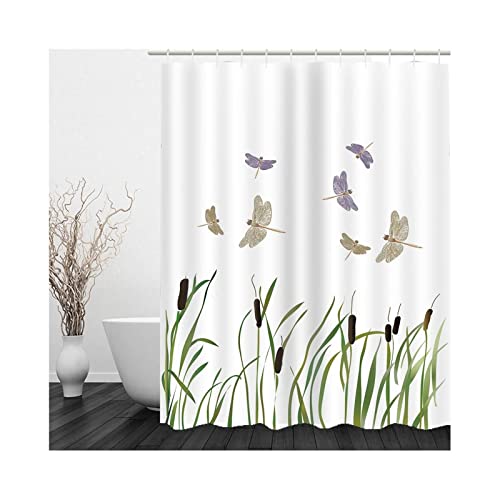 KnBoB Shower Curtain - Cortina de ducha antimohecer, tejido impermeable, pequeño libellule Herbe blanco y gris (120 x 180 cm)