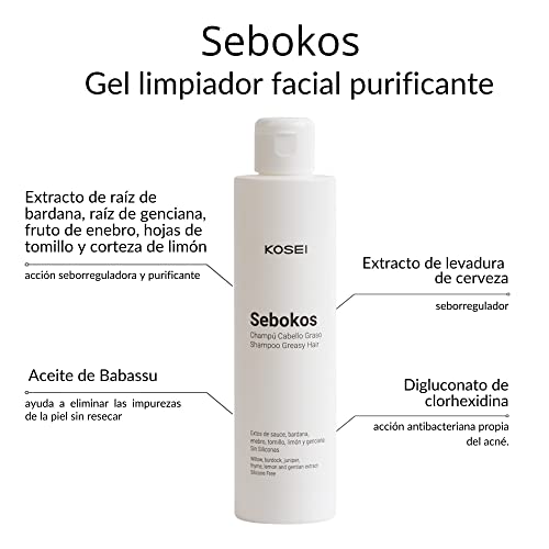 Kosei - Sebokos Gel Limpiador Purificante - 200 ml - Ideal para Pieles Sensibles - Combate el Acné - Limpieza de Pieles Grasas - Sin Sulfatos - Con Extractos de Plantas - Unisex - Vegano