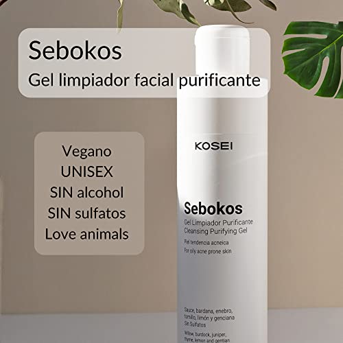 Kosei - Sebokos Gel Limpiador Purificante - 200 ml - Ideal para Pieles Sensibles - Combate el Acné - Limpieza de Pieles Grasas - Sin Sulfatos - Con Extractos de Plantas - Unisex - Vegano