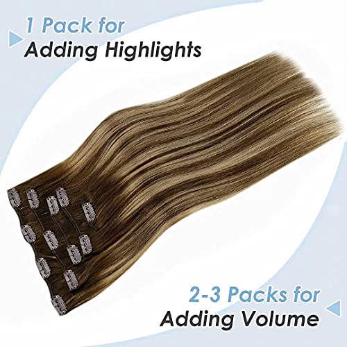 LaaVoo Clip Extensiones Cabello 45 cm Balayage Extensiones de Clip Natural Marrón Oscuro Balayage Caramelo Rubio Remy Hair Extensiones de Clip Marron 5 Pieza/70 Gramos