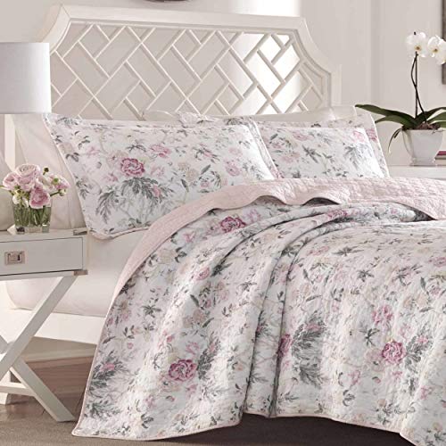 Laura Ashley Home - Colección floral Breezy – Juego de edredón de lujo ultra suave, ropa de cama elegante para todas las estaciones, Full/Queen, rosa/gris