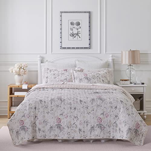 Laura Ashley Home - Colección floral Breezy – Juego de edredón de lujo ultra suave, ropa de cama elegante para todas las estaciones, Full/Queen, rosa/gris