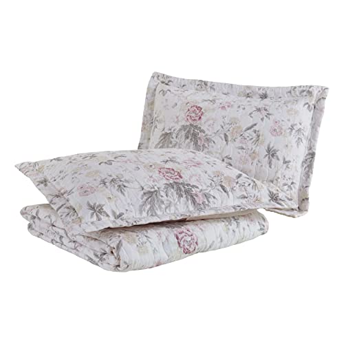 Laura Ashley Home - Colección floral Breezy – Juego de edredón de lujo ultra suave, ropa de cama elegante para todas las estaciones, Full/Queen, rosa/gris