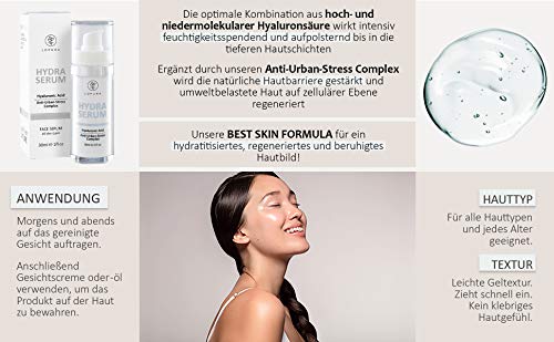 LOPURA Hydra Serum con complejo anti-estrés urbano - cuidado facial de alta dosis con ácido hialurónico, ectoína y pantenol - cosméticos naturales de baja irritación producidos en Alemania (1x 30 ml)