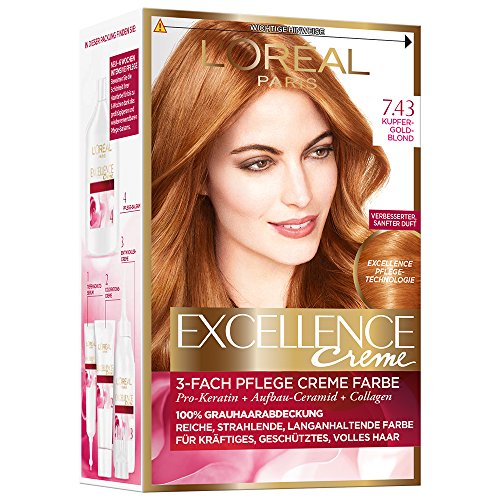 L'Oréal Paris Excellence Creme Coloration, 7.43 Cobre Gold Blond, 1 unidad (1 x 1 unidad)