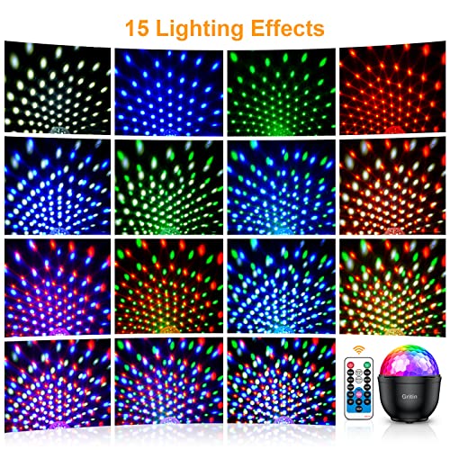 Luces Discoteca, Gritin 15 Colores RGBY Bola de Discoteca Activadas por Control de Voz con Modo de luz Nocturna/Cronometrado/Rotación de 360°/Control Remoto Ideal para Cumpleaños, Discoteca, Fiesta