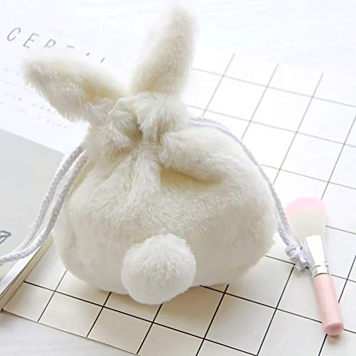 Lurrose Bolsas de almacenamiento conejito de peluche mullidas lindas con cordón, bolsa de cosméticos de 10 x 7 pulgadas (blanco beige)