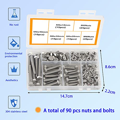 M6 Vis Inox,Visserie,Vis Autoforeuse Metal, 304 Tornillos De Fijación Hexagonales De Acero Inoxidable Con Tuercas Hexagonales Paquete De Combinación De Tornillo y Tuerca