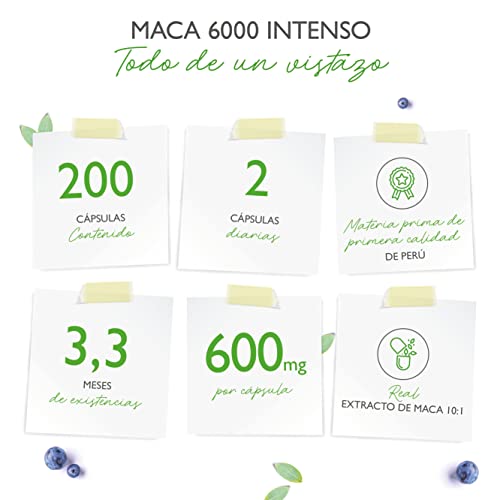 Maca 6000 Intenso - 200 cápsulas con 6000 mg de raíz de Maca - Extracto especial Premium 10:1 de Perú - Vegano - Altamente dosificado